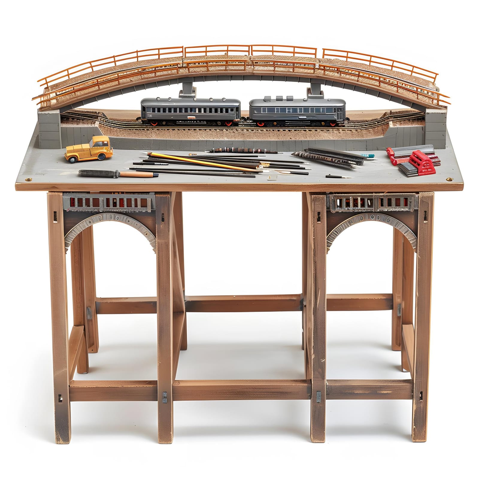 Trem de brinquedo sobre uma ponte de madeira em cena de maquete