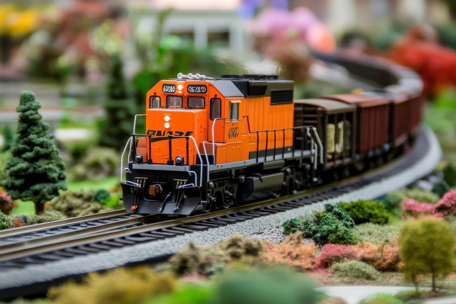 Maquete ferroviária detalhada com pequenas construções e paisagem