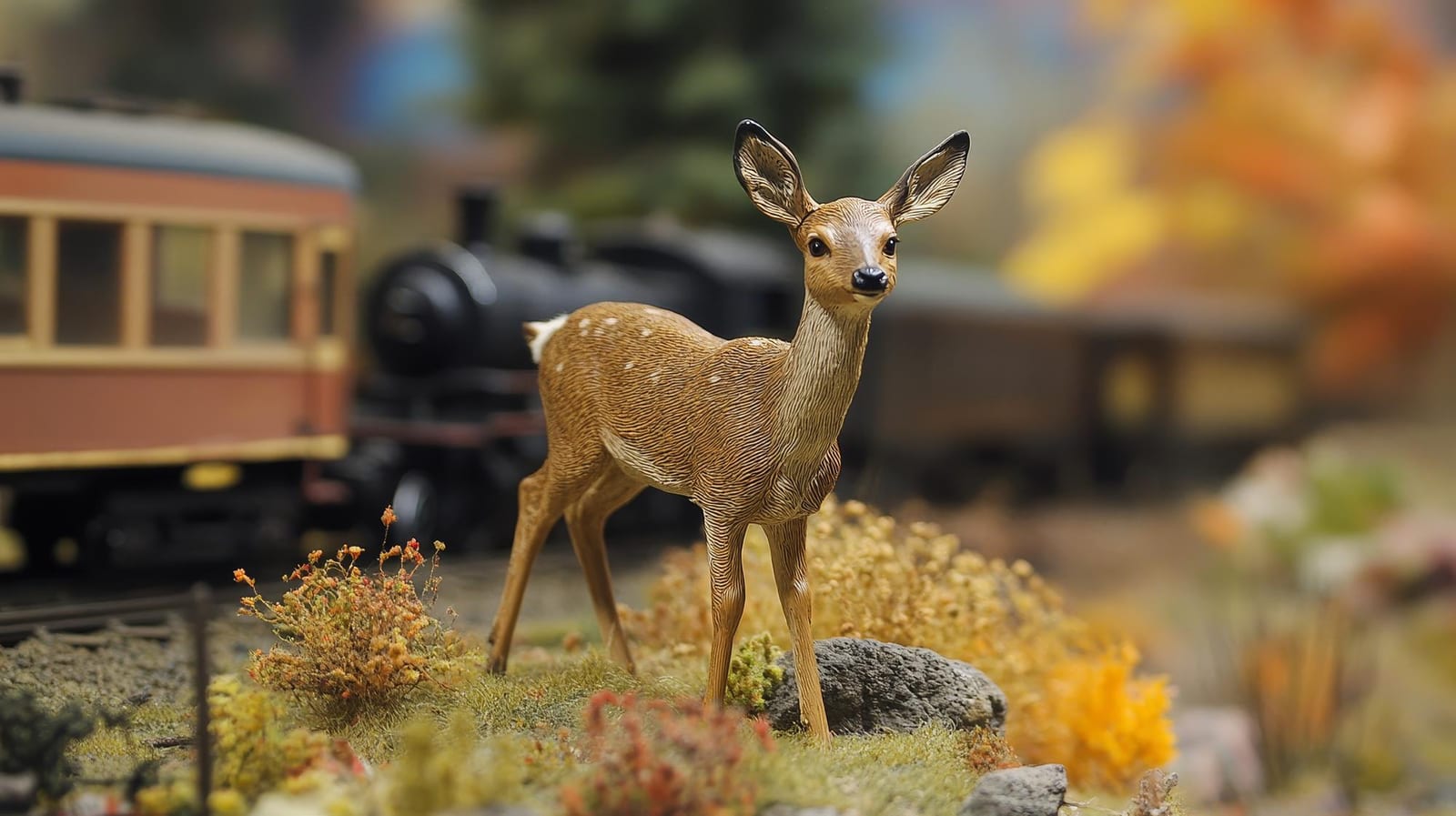 Detalhe de figuras em miniatura em cenário de diorama
