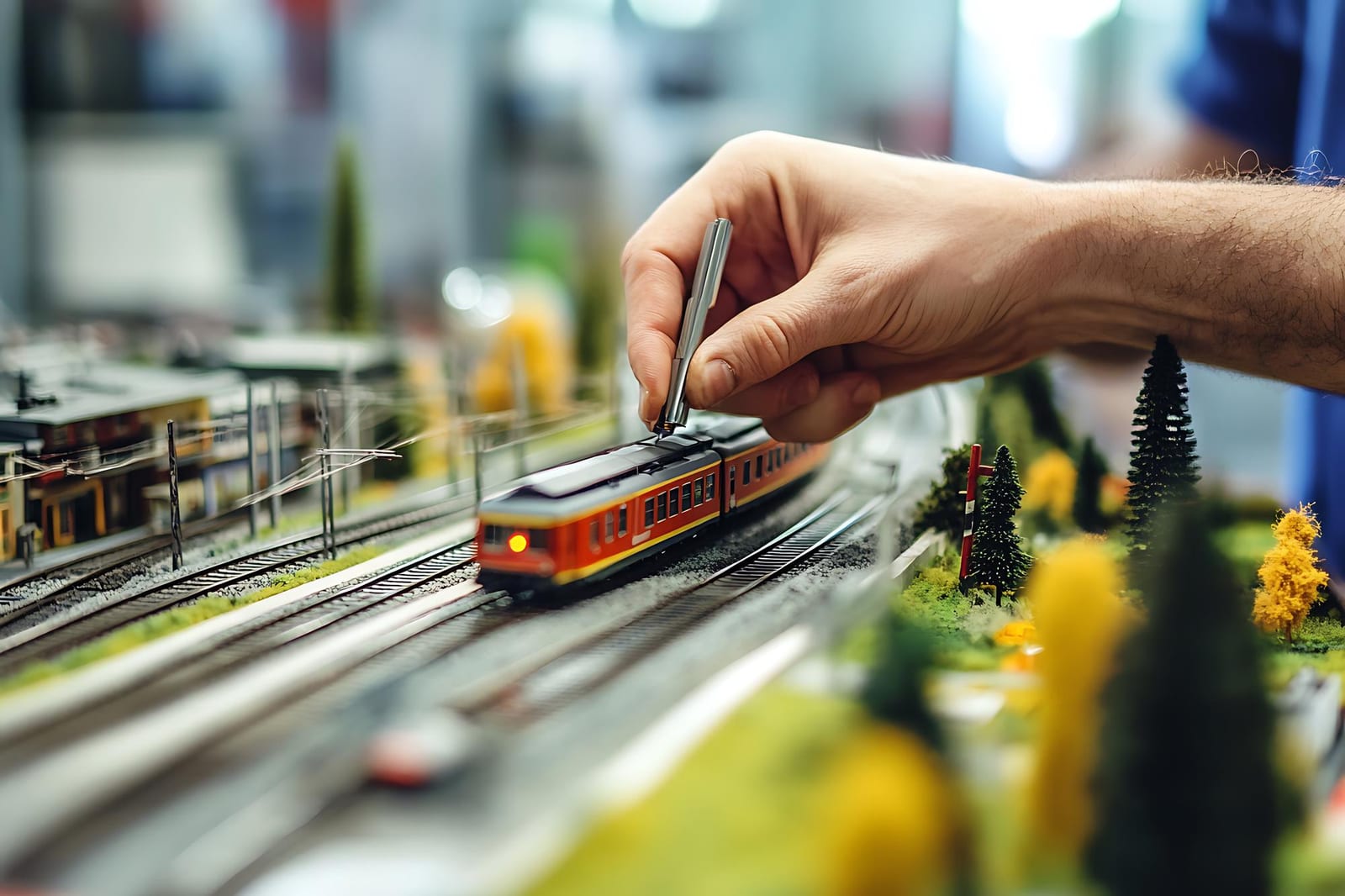 Trem em miniatura com paisagem cênica ao fundo