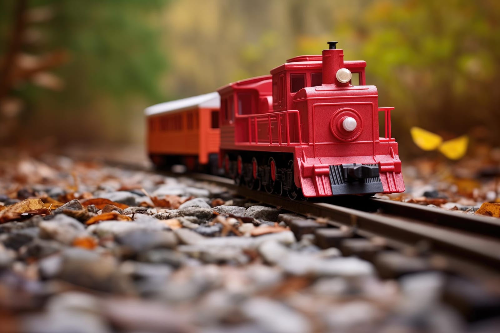 Locomotiva a vapor em miniatura percorrendo trilho em paisagem cênica